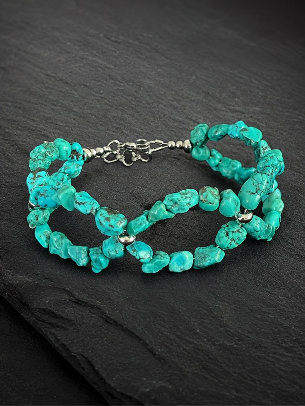 Hand Crafted Turquoise Double Strand Wire Wrapped Wave Bracelet Stainless Steel